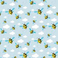 Seamless vector pattern with cute bees and clouds. Print for children textile, pack, fabric, wallpaper, wrapping.