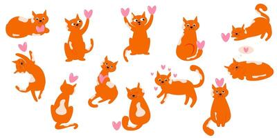 Vector cute ginger cat character with heart in different poses set, looking, sleeping, jumping, playing, walking, running, stretching, wondering, thinking, happy and sad mood.