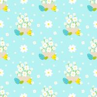 Seamless vector Easter pattern with cute chick and flower bouquet in egg. Print for textile, pack, fabric, wallpaper, wrapping.