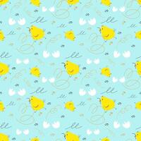 Seamless vector pattern with cute chick and broken egg. Print for children textile, pack, fabric, wallpaper, wrapping.