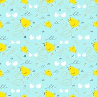 Seamless vector pattern with cute chick and broken egg. Print for children textile, pack, fabric, wallpaper, wrapping.