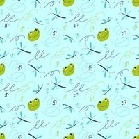 Seamless vector pattern with cute frog and dragonfly. Print for children textile, pack, fabric, wallpaper, wrapping.