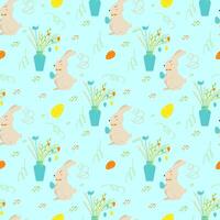 Seamless vector Easter pattern with cute little rabbit and vase with branches decorated eggs. Print for textile, pack, fabric, wallpaper, wrapping.