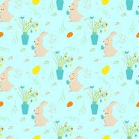 Seamless vector Easter pattern with cute little rabbit and vase with branches decorated eggs. Print for textile, pack, fabric, wallpaper, wrapping.