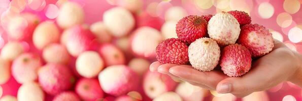 AI generated Fresh lychee selection  hand holding ripe lychee with blurred background, copy space available photo