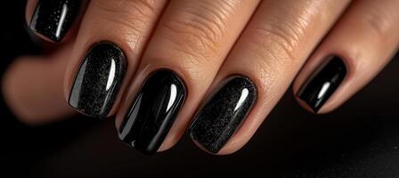 AI generated Close up of woman s hand with chic black nail polish for a glamorous and sophisticated look photo