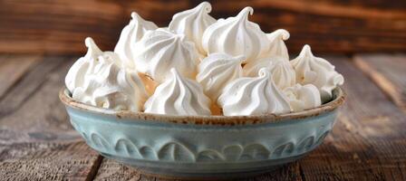 AI generated Professional food photography of meringue cookies on a kitchen table for enticing culinary imagery photo