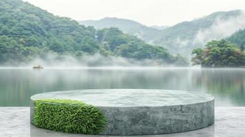 AI generated Forest green moss covered product podium in misty woodland, creating a natural and serene ambiance photo