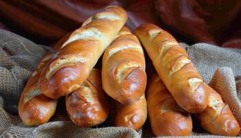 AI generated French baguette on kitchen table   stock photo for culinary concept and bakery advertising