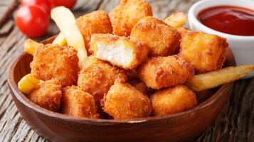 AI generated Top view of traditional chicken nuggets and french fries on wooden table with space for text photo