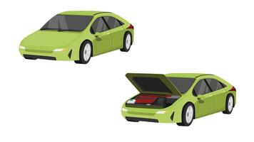 Cartoon vector or illustration isomatic. Status of the green sedan car from normal to status open hood.  On front with engine and various driving devices. On isolated white background.