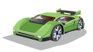 Written without draft concept vector illustration. Object of race car green color. Can view interior with race car driver. Inside with steering wheel and console with seat. Isolated white background.