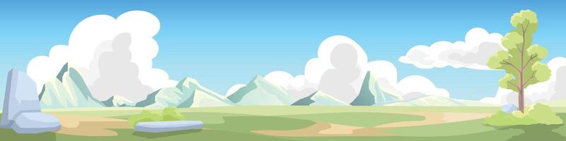 Landscape view of spring background with mountains and clouds under clear sky. Area is covered in green fields and has trees and rocks. Vector illustration in cartoon style.