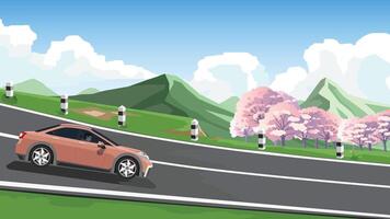 Sedan cars with driving man. On an asphalt road with driving down hills. And surrounded by green grass and eautiful colorful spring trees. Background of green mountain and white clouds and blue sky. vector