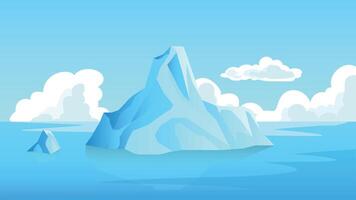 Lonely island of ice in the middle of the ocean. Tall island is in the center of the picture. Under blue sky and white clouds. Backdrop for business concept. vector