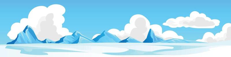 Landscape view of winter background with mountains and clouds under clear sky. Area is covered with white snow. Vector illustration in cartoon style.