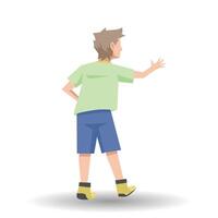 Vector or Illustrator of boy back view. Open your hand and wave with your right hand. looking forward. With shadow on isolated white background.