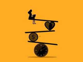 equilibrio trabajo en reloj, corazón y moneda vector