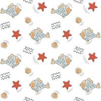 Cute simple pattern with oceanic doodle elements. Seamless background with fish and seashells. vector
