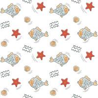 Cute simple pattern with oceanic doodle elements. Seamless background with fish and seashells. vector