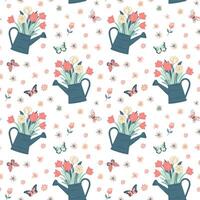 Vector seamless pattern with cute watering can with flowers. Spring backgrounds. Hand drawn print.