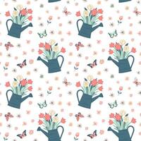 Vector seamless pattern with cute watering can with flowers. Spring backgrounds. Hand drawn print.