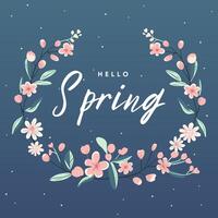 Hello spring frame. Trendy spring design with blossom in pastel colors and text. Poster, greeting card, banner. vector