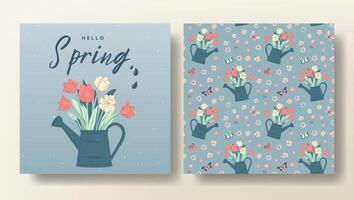 Set of Spring greeting card and seamless pattern with watering can and flowers, spring template. Hello Spring vector