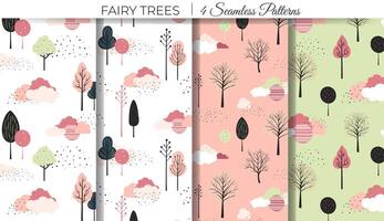 Childish comic backgrounds. Set of cute fantasy seamless patterns. Spring trees vector pattern.