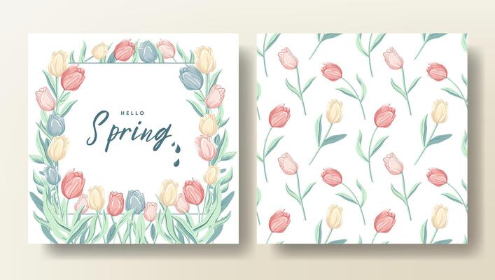 Set of Hello spring card and seamless pattern with tulips, spring template. Flower pattern