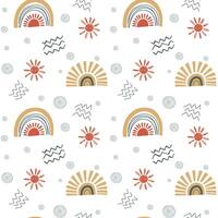 Cute simple pattern with nursery doodle elements. Seamless background with rainbow and sun. vector