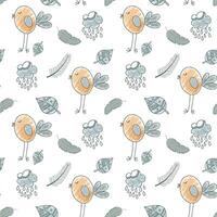 Cute simple pattern with doodle elements. Seamless background monochrome birds and clouds. vector