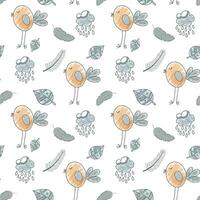 Cute simple pattern with doodle elements. Seamless background monochrome birds and clouds. vector