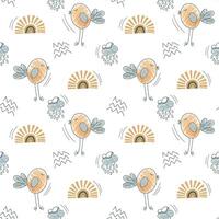 Cute simple background with nursery doodle elements. Seamless pattern with birds clouds and sun. vector