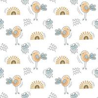 Cute simple background with nursery doodle elements. Seamless pattern with birds clouds and sun. vector