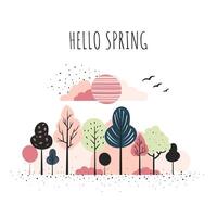 hada arboles primavera arboles minimalista estilo. escandinavo arboles composición. dibujos animados fantasía marco. Hola primavera tarjeta. vector