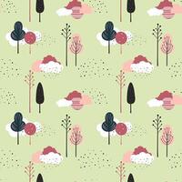 Cute trees seamless pattern. Scandinavian trees and clouds vector wallpaper. Childish fantasy background.