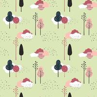 Cute trees seamless pattern. Scandinavian trees and clouds vector wallpaper. Childish fantasy background.