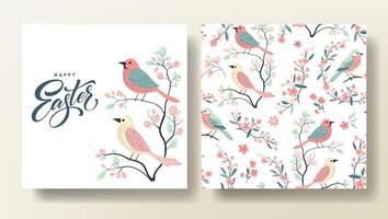 Set of Easter greeting card and seamless pattern with birds, spring template. Happy Easter vector