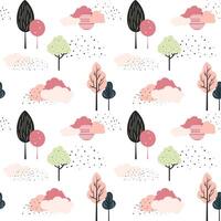 Cute trees seamless pattern. Scandinavian trees and clouds vector wallpaper. Childish fantasy background.