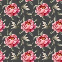 Seamless pattern with watercolor peonies on dark background. Watercolor botanical vector background