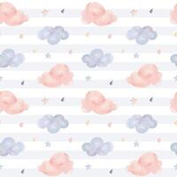 Cute childish wallpaper. Seamless pattern with watercolor rainy clouds and stars. Vector background in pastel colors