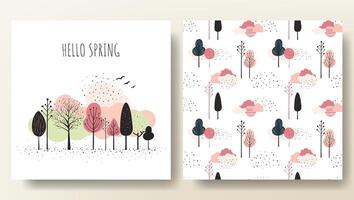 Set of spring cards with fairy trees and seamless pattern. Cartoon fantasy trees composition, frame. vector