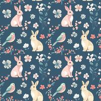 Vector seamless pattern with cute bunnies and bird. Spring backgrounds. Vintage rabbits hand drawn print.