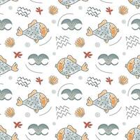 Seamless background with sketch fish and whale tail. Cute simple pattern with sea doodle elements. vector