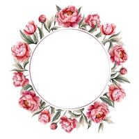 Watercolor peonies round frame. Vector floral peony template. For wedding invitation, poster and card.