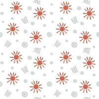 Cute simple pattern with nursery doodle elements. Seamless background with red sun. vector