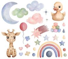 Watercolor toys giraffe, duck. Set of vector hand drawn nursery elements, clouds, moon, rainbow, stars, stickers