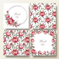 Set of greeting card and seamless pattern with watercolor peonies, wedding invitation. Peony frame. vector