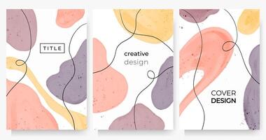 Set of abstract backgrounds in pastel colors. Hand drawn doodle various shapes with text. Modern trendy vector cards.